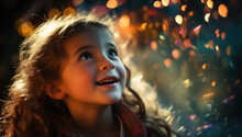 Christmas Magic. Little Girl Looking Up With Happiness And Wonder At The Festive Decorations And Family Celebration Under The Sparkling Lights.