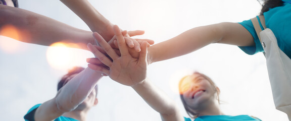 Sticker - Panoramic Teamwork,empathy,partnership and Social connection in business join hand together concept.Hand of diverse people connecting.Power of volunteer charity work,Stack of people hand.