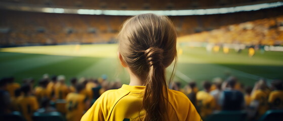 Wall Mural - back view of little girl watching australian team at women's world cup in stadium wearing yellow and green