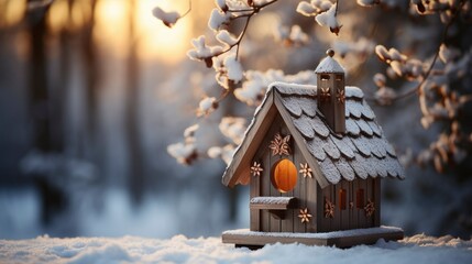 Bird house in winter. A snow covered bird house in winter forest. Winter background