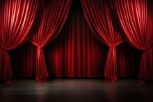 Scene Background, Red Curtain On Stage Of Theater Or Cinema Slightly Ajar