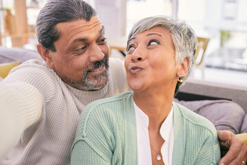 Poster - Selfie, happy and funny mature couple on sofa for social media post, profile picture and memory at home. Marriage, love and man and woman take photo in living room for bonding, relationship and relax