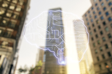 Wall Mural - double exposure of creative human brain microcircuit hologram on blurry cityscape background. future