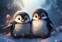 Two Cute Baby Penguins In Cartoon Style Hugging Under Falling Snow