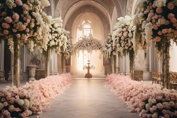Wall Mural - lavish boho wedding arch decoration for a wedding ceremony celebration: many pink flowers peonies and roses, satin and silk curtains