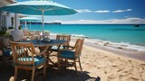 Fototapeta Do akwarium - Photorealistic shot of chairs and dining table on beach and sea with blue sky