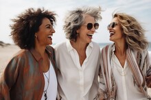 A Photo Of Three Diverse Middle-aged Mature Women In Modern Stylish Clothes Smiling, On A Vacation At The Seaside Or Beach, Mature Friendship Representation.