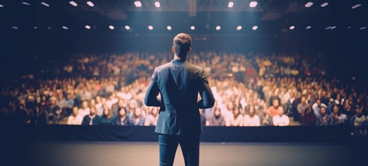 Businessman motivational speaker standing on stage in front of an audience for a speech at conference or business event. Talks about Success, Leadership, Technology, and How To Be Productive.