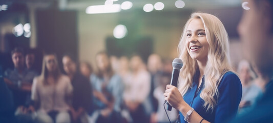 Businesswoman motivational speaker standing on stage in front of an audience for a speech at conference or business event. Talks about Success, Leadership, Technology, and How To Be Productive.