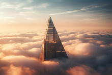 Lone Tall Skyscraper Over The Clouds At Sunrise