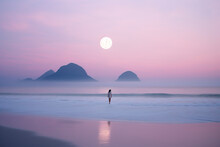 Lone Person Viewing The Moon Rise On The Beach