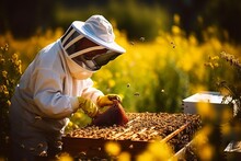 A Professional Beekeeper Wearing A Protective Clothing And Veil Taking Care Of His Bee Hive In The Rural Setting, Harvesting Honey