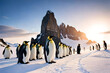 Penguin colony animals. Flock of Humboldt Penguins. Generative AI