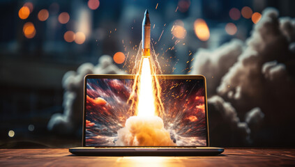innovative startup launch. rocket soars from laptop screen. turning ideas into success with technolo