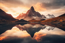 Sunset In The Mountains At A Calm Lake Reflecting The Peaks