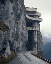 Futuristic Tunnel Entrance On A Mountain Road In The Alps