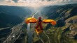 An adventurous wingsuit flyer soaring over a winding river nestled between two lush, green mountains, embracing the thrill of flight. Generative AI