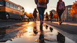 © remake - Young students embrace learning. School children with backpacks walk the urban street. A journey back to school filled with friendship, knowledge, and positive development.