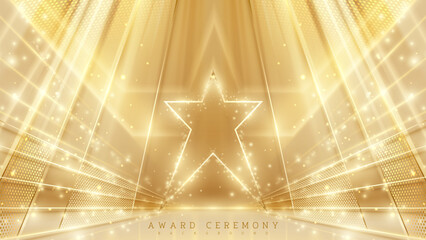 Wall Mural - Luxury award ceremony stage scene with gold star frame elements and glitter light effects decorations with bokeh. Elegant background design concepts. Vector illustration.