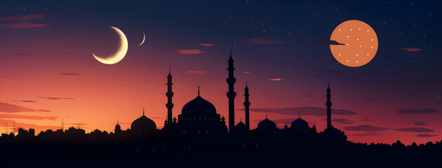 Sticker - Crescent Moon Over Silhouette Mosque, Sunset Mosque banner background for getting card