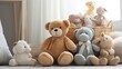 A collection of adorable stuffed animals neatly arranged in a child's room, creating a cozy and colorful atmosphere. Generative AI