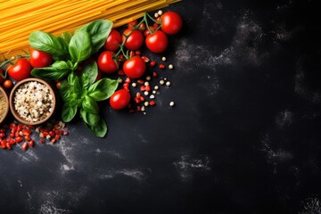 Wall Mural - Food ingredients for italian pasta spaghetti on black