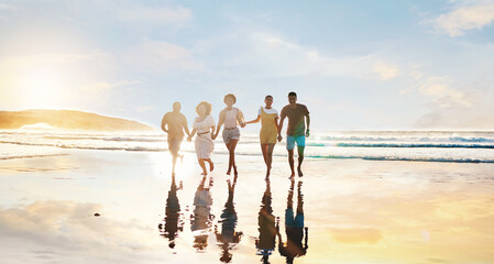 Poster - Friends, together and walking on beach at sunset in water in summer, vacation or holiday break with freedom. Group, silhouette and people with connection, holding hands and support in community