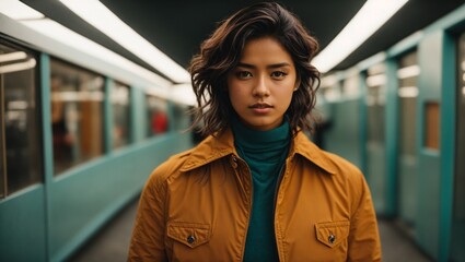 A stylish woman in a vibrant yellow jacket standing confidently in a well-lit hallway