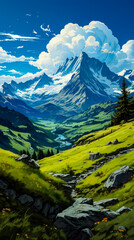 Poster - Image of mountain landscape with valley and trees.