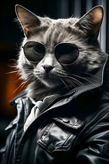 Sticker - Black and white photo of cat wearing leather jacket.