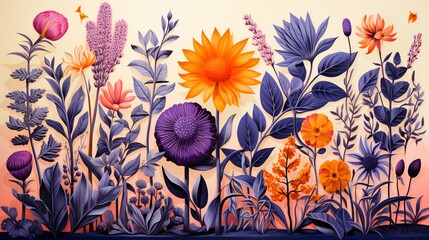 Wall Mural - Image of colorful flowers and leaves on white wall.