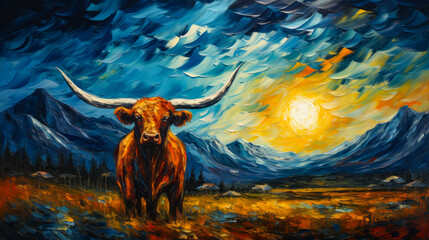 Wall Mural - Image of bull standing in field under cloudy sky.