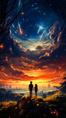 Wall Mural - Man and woman standing in front of sunset.