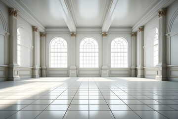 Poster - Empty room with two large windows and tiled floor.