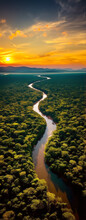 Tropical River Flow Through The Jungle Forest At Sunset Or Sunrise. Amazon River Flowing In Rainforest.