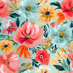 Wall Mural - Pretty Painted Flowers Leaves pattern, Ideal for Fabrics and Covers