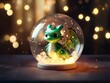 Green dragon (Chinese zodiac of year 2024)  in snow globe with bokeh lights at background