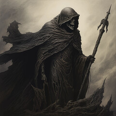 Death in black cloak. Death in black clothes with black hood. Grim reaper in the fog. Mysterious silhouette of man in black cloak with scythe. Halloween concept. Scary ghost. Death costume. Vector art