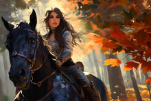 Girl With A Horse In Autumn Forest