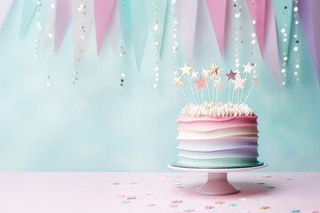 Canvas Print - Beautiful pastel rainbow birthday cake with bunting background