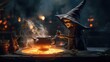 Witch figurine preparing a brew in a miniature cauldron with a dark magical atmosphere. Generative AI