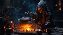 Witch Figurine Preparing A Brew In A Miniature Cauldron With A Dark Magical Atmosphere. Generative AI