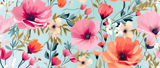 Wall Mural - Pretty Painted Flowers Leaves pattern, Ideal for Fabrics and Covers