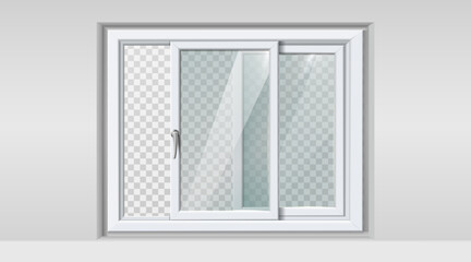 3d realistic vector icon illustration. White frame plastic frame sliding window in the wall.