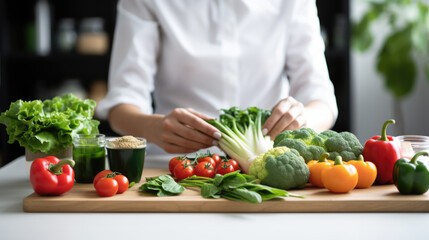 Wall Mural - Woman prescribes herself a diet plan with vegetables spread out on the kitchen table.