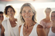 Group of happy smiling people on yoga retreat in Ibiza