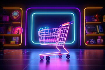 Evolving Symbolism of Shopping Carts in Contemporary Commerce. Trolley baskets in mall with neon lights