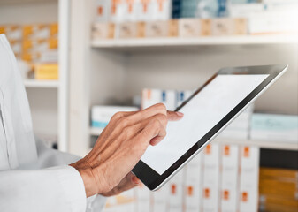 Canvas Print - Person, pharmacist and hands with tablet screen for inventory inspection or checking stock at pharmacy. Closeup of medical or healthcare worker with technology app display or mockup in pharmaceutical