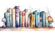 row of books on the shelf, Watercolor illustration, isolated on a white background