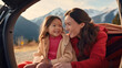 © MP Studio - Mother and child sitting in the car against a mountain backdrop, laughing and smiling broadly as they travel. Created with Generative AI technology.